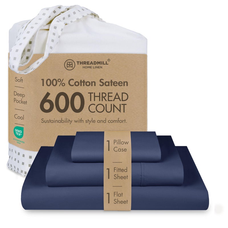 Threadmill 100% Cotton Sheets for Twin XL Size Bed - 600 Thread Count Twin XL Bed Sheets Set with 15â€ Deep Pocket - Sateen Weave 3-Piece Bedding Set with Cooling Effect, Folkstone Blue - Image 1